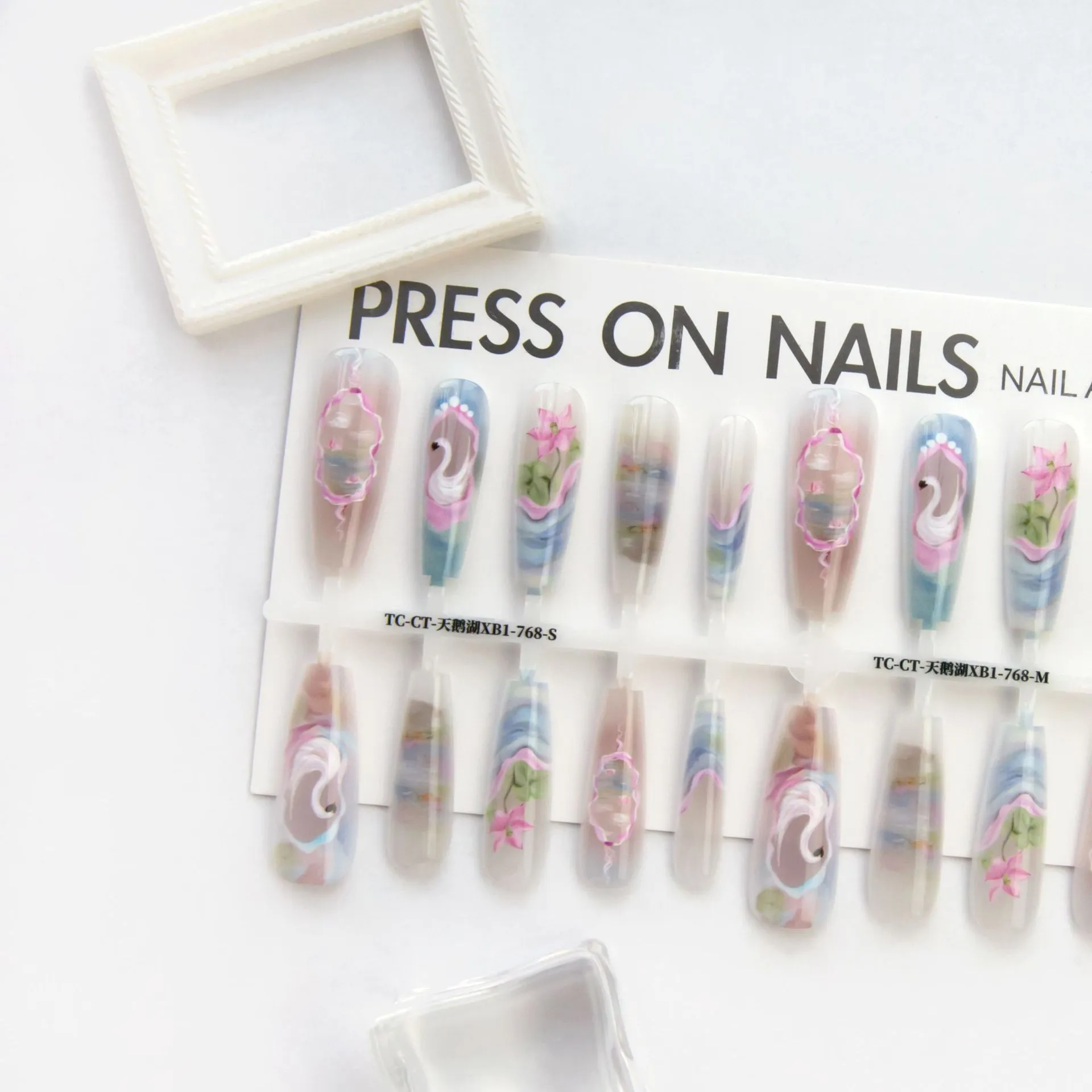 Retro Swan Lake artificial nail tips set in long ladder shape with three finish options: matte, glossy, suede frosted
