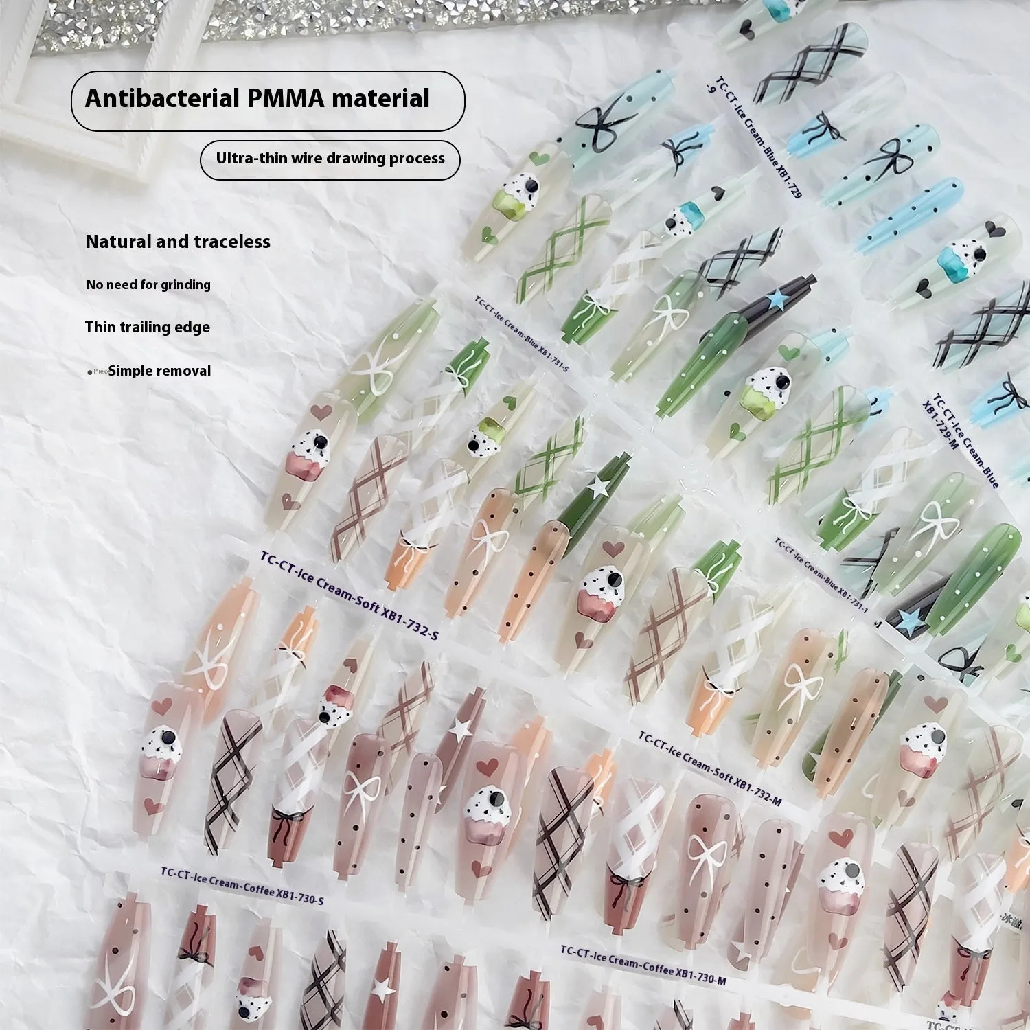 French glossy sealing layer nail sticker set 40 pieces ice cream colours retro ultra-thin seamless long ladder shape