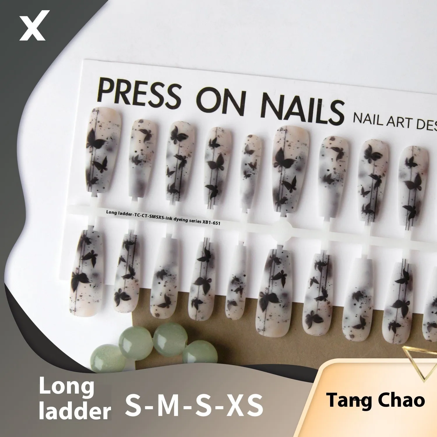 Ink dye long ladder nail stickers with butterfly pattern in glossy sealing layer finish
