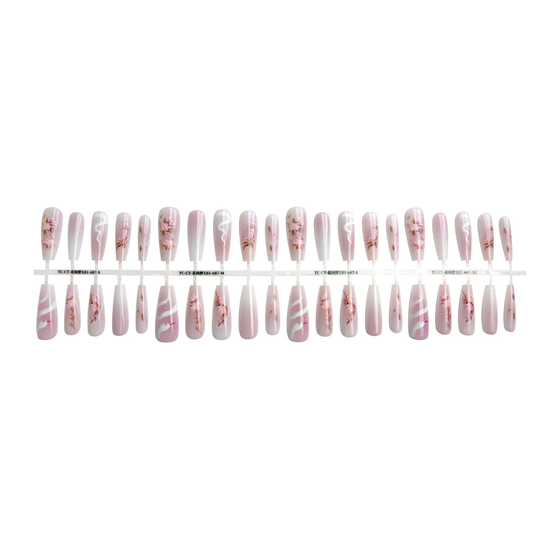 Ancient Chinese style snake year red prefabricated nail tips in drunk flower colour, long ladder shape, on a display stand