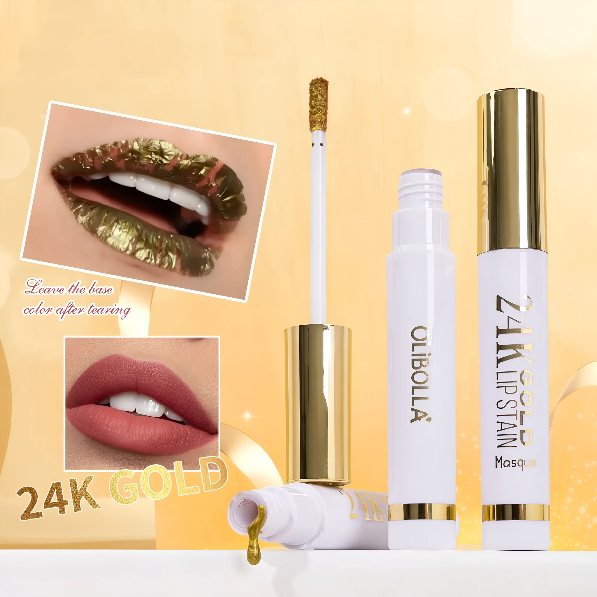 24k gold waterproof lip balm with tear-and-pull applicator in four shades 01Adore 02Lovely 03Hayley 04Whimsical