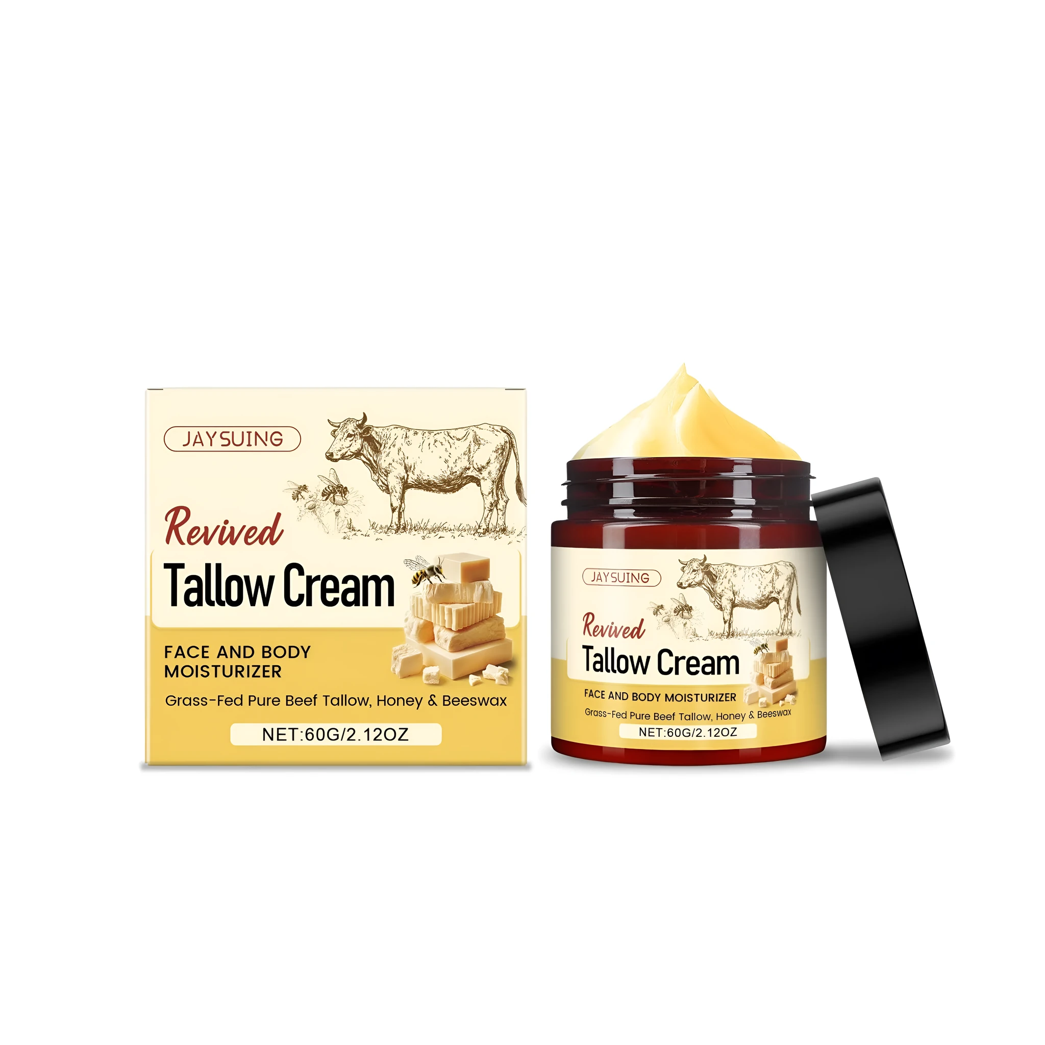 60g jar of tallow moisturising cream with beeswax and honey ingredients