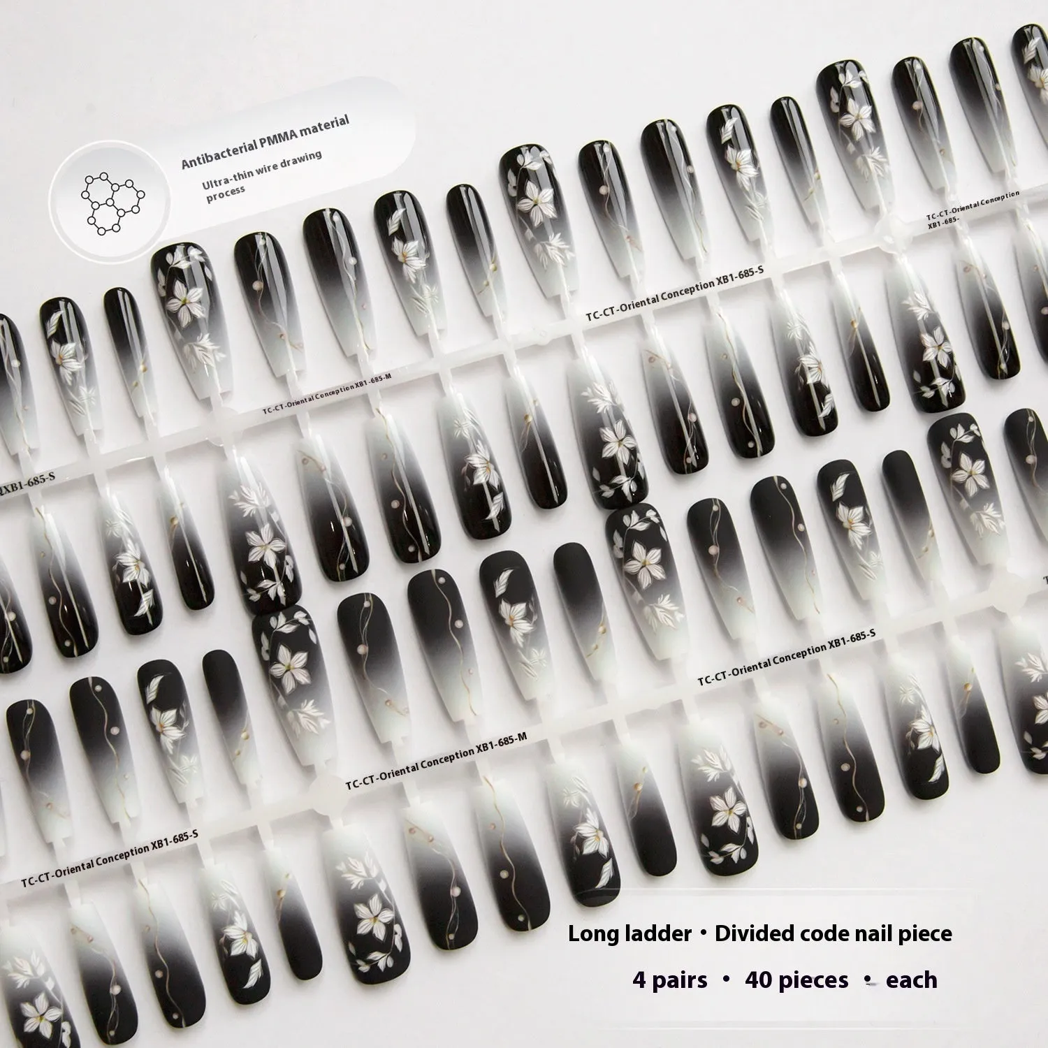 Retro Chinese style flower press-on false nails long ladder shape ultra-thin seamless 40 pieces