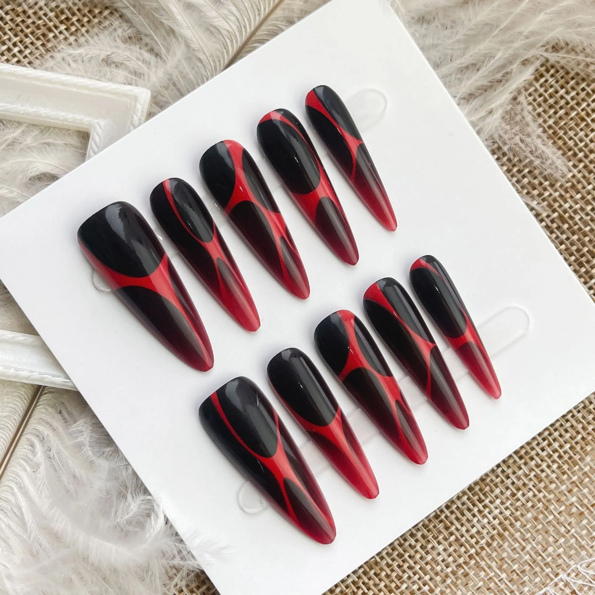 Wave line gradient long tip nail tips set in glossy finish, 40 pieces for 4 pairs of nails