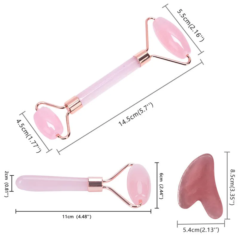 Two-piece resin gua sha roller set for face massage in black, pink, and green jade handle options