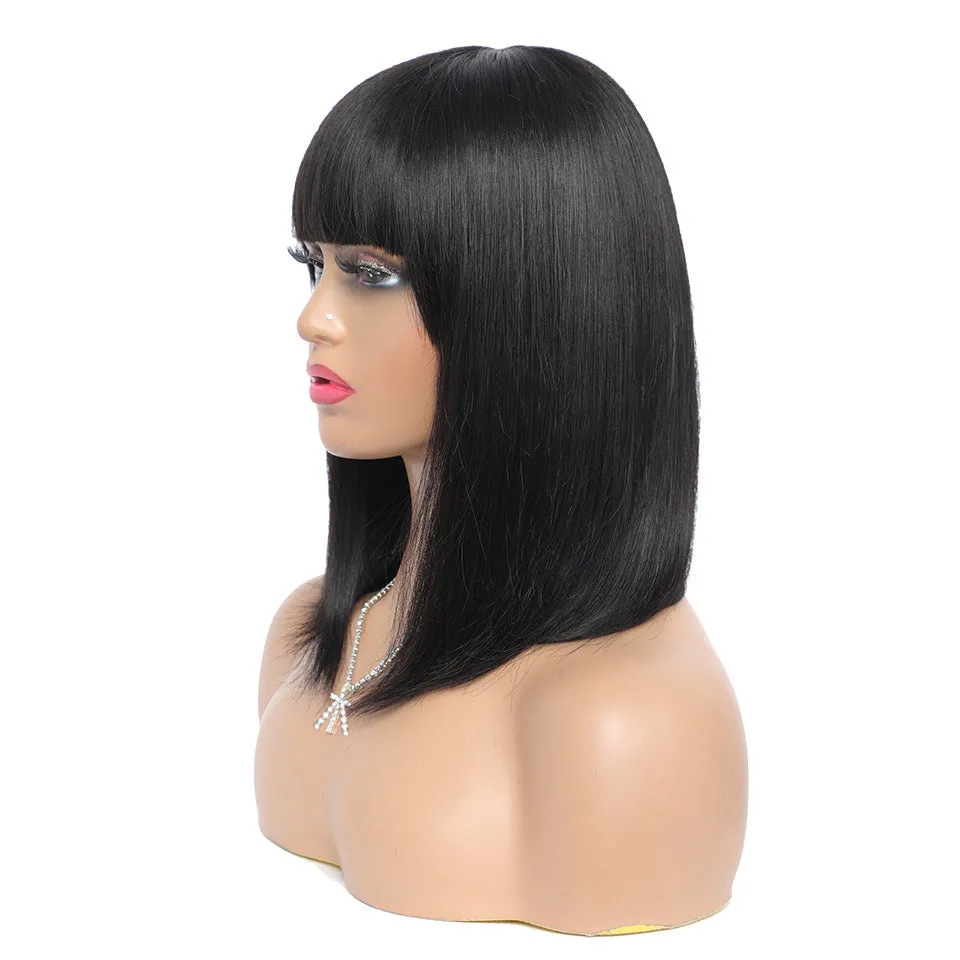 Women's short real hair bob wig with Qi bangs in black colour, available in 8 to 14 inch lengths