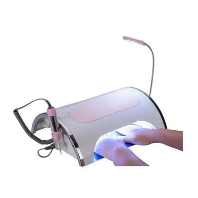 Pink multi-function nail cleaner with curing lamp, vacuum, and phone charging port, 35x30x11 cm