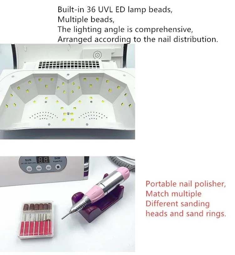 Pink multi-function nail cleaner with curing lamp, vacuum, and phone charging port, 35x30x11 cm