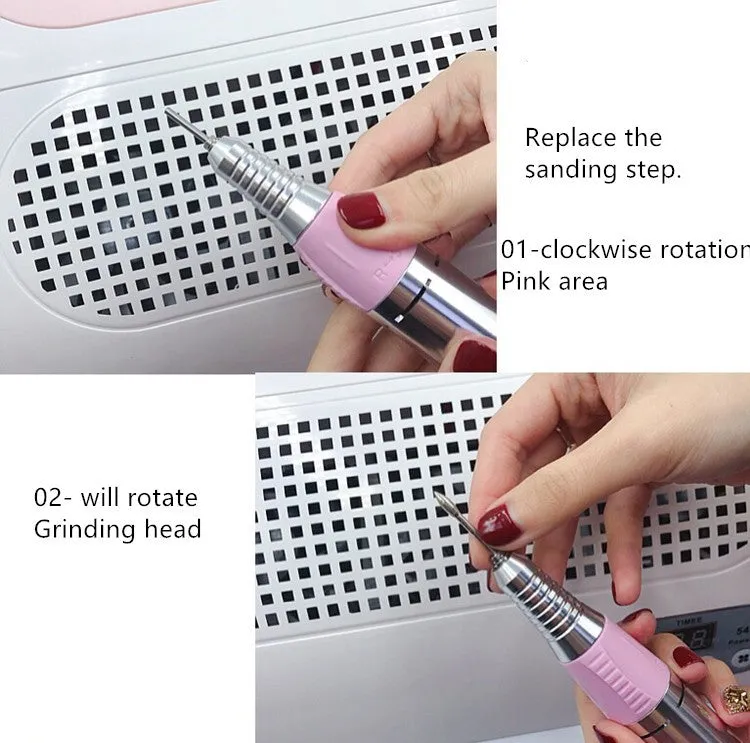 Pink multi-function nail cleaner with curing lamp, vacuum, and phone charging port, 35x30x11 cm