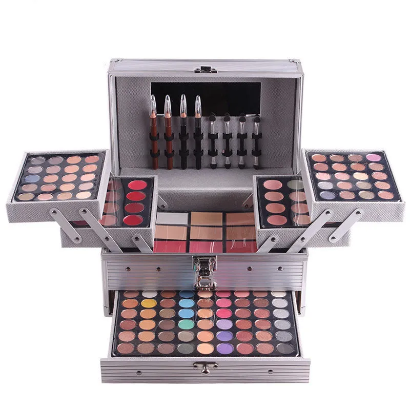 Professional 94 colour eyeshadow palette makeup kit with matt and pearl shades, concealers, lipsticks, and applicators in a two-layer case