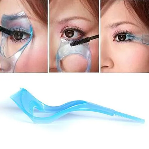 3 in 1 mascara shield guard in pink and blue made of ABS plastic sitting on a table