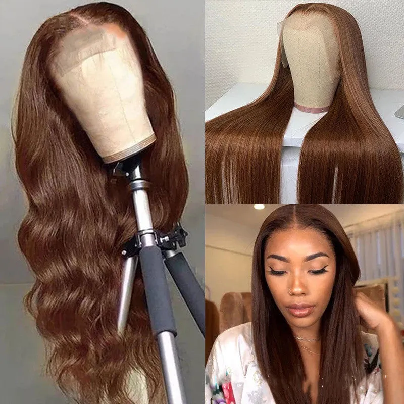 Brown human hair wig with 13x6 lace front and 150% density on a mannequin head