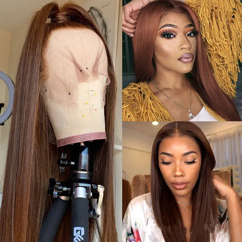 Brown human hair wig with 13x6 lace front and 150% density on a mannequin head