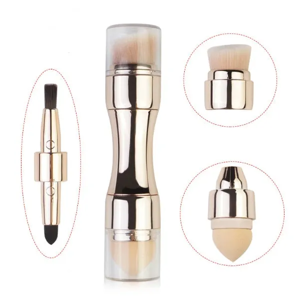Four-in-one retractable makeup brush with gold handle and four brush heads on a white background
