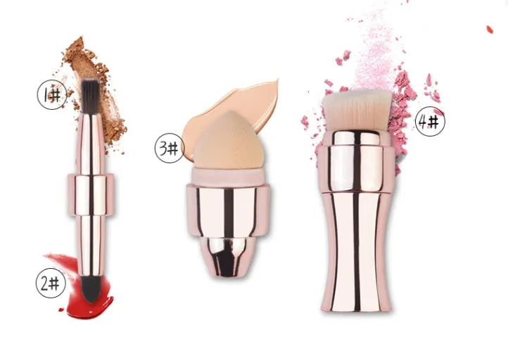Four-in-one retractable makeup brush with gold handle and four brush heads on a white background