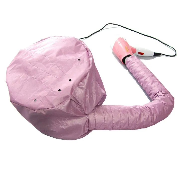 Pink and silver hair dryer bonnet hood with drawstring and elastic tube end for universal fit