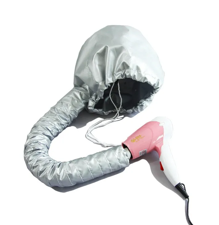 Pink and silver hair dryer bonnet hood with drawstring and elastic tube end for universal fit