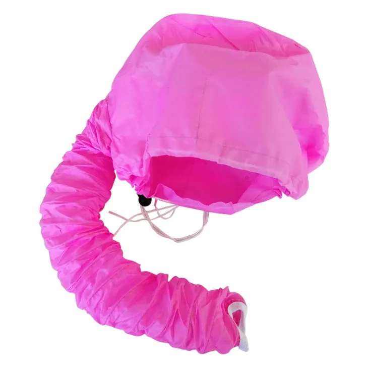Pink and silver hair dryer bonnet hood with drawstring and elastic tube end for universal fit