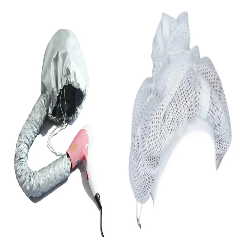 Pink and silver hair dryer bonnet hood with drawstring and elastic tube end for universal fit