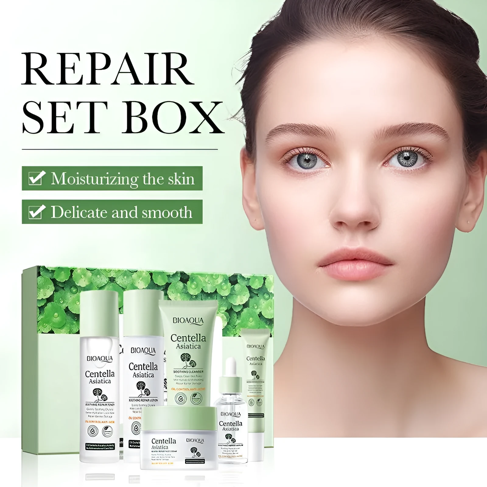 Moisturising Centella asiatica skin care set with six products including cleanser toner lotion eye cream and face cream