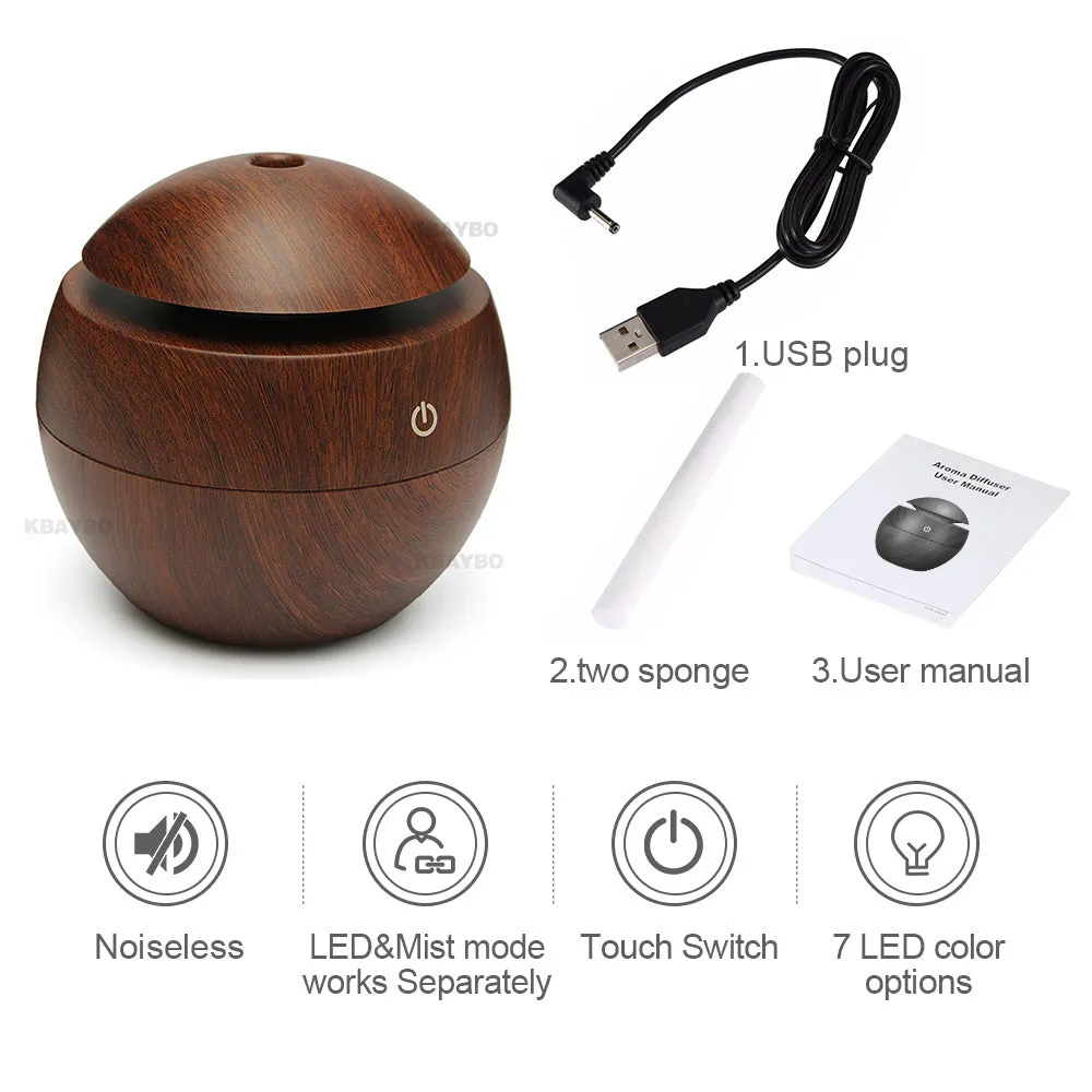 USB ultrasonic aroma essential oil diffuser humidifier 130ml light wood colour with blue LED night light
