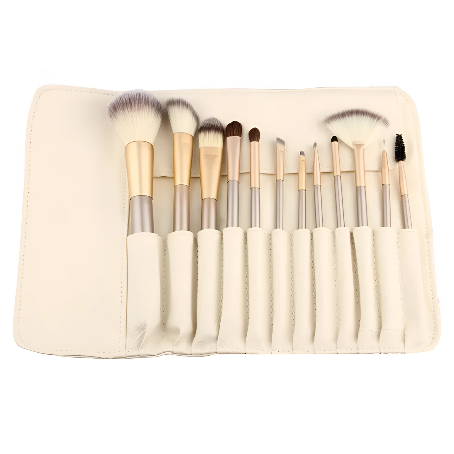 Champagne white synthetic fibre makeup brush set with wooden handles and aluminium ferrules on flat surface