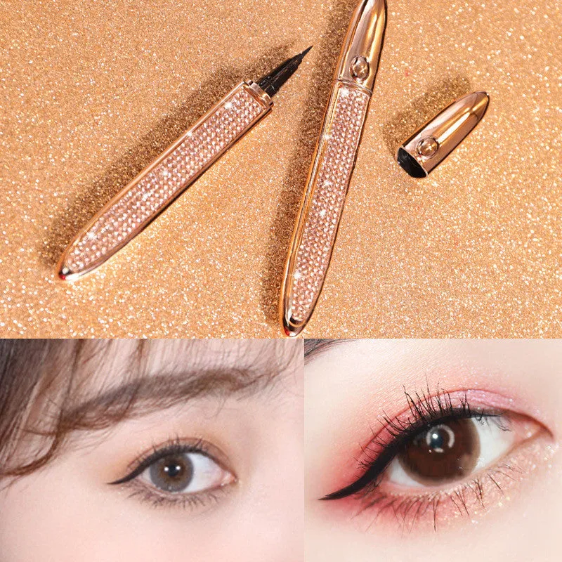 Black self-adhesive liquid eyeliner pen, 139x17mm, with waterproof and quick-drying formula, on a white background.