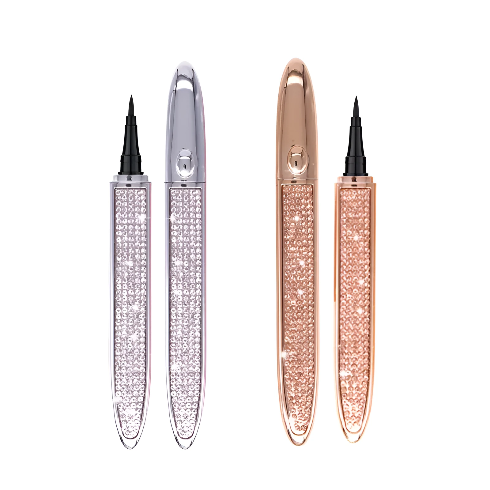 Black self-adhesive liquid eyeliner pen, 139x17mm, with waterproof and quick-drying formula, on a white background.