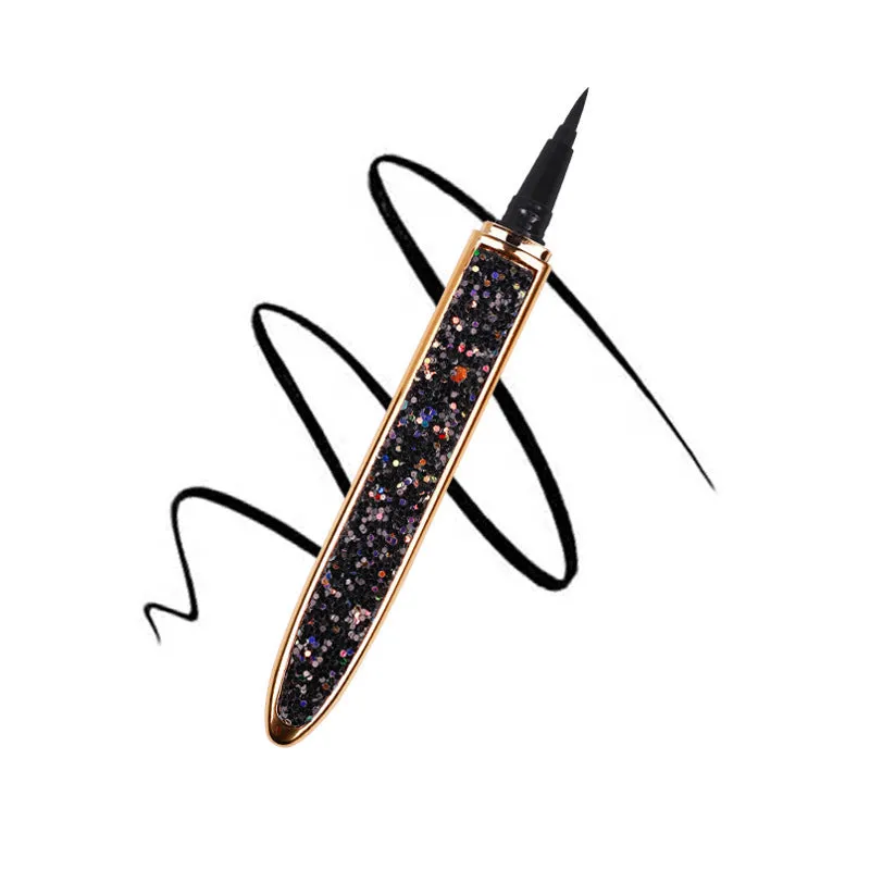 Black self-adhesive liquid eyeliner pen, 139x17mm, with waterproof and quick-drying formula, on a white background.