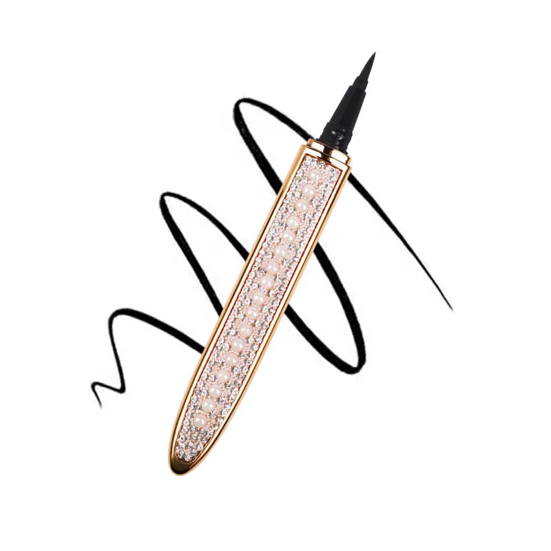 Black self-adhesive liquid eyeliner pen, 139x17mm, with waterproof and quick-drying formula, on a white background.