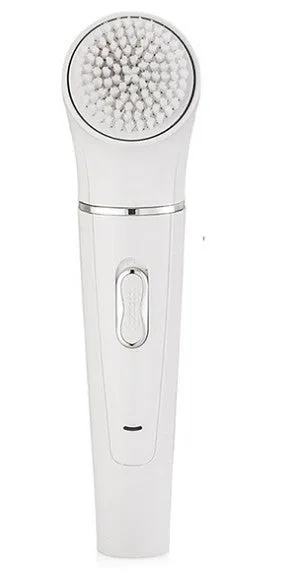 White 5-in-1 electric face and body massager scrubber with 5 interchangeable heads and rechargeable base