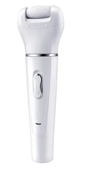 White 5-in-1 electric face and body massager scrubber with 5 interchangeable heads and rechargeable base
