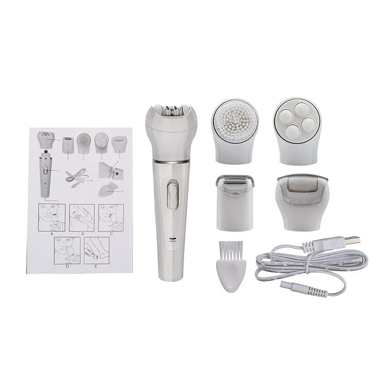 White 5-in-1 electric face and body massager scrubber with 5 interchangeable heads and rechargeable base