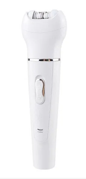 White 5-in-1 electric face and body massager scrubber with 5 interchangeable heads and rechargeable base