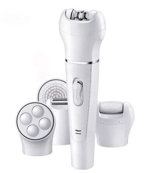 White 5-in-1 electric face and body massager scrubber with 5 interchangeable heads and rechargeable base