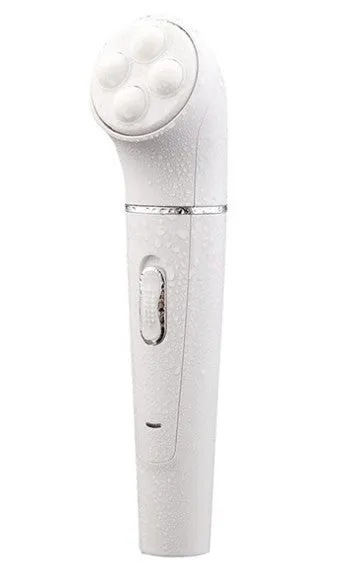 White 5-in-1 electric face and body massager scrubber with 5 interchangeable heads and rechargeable base
