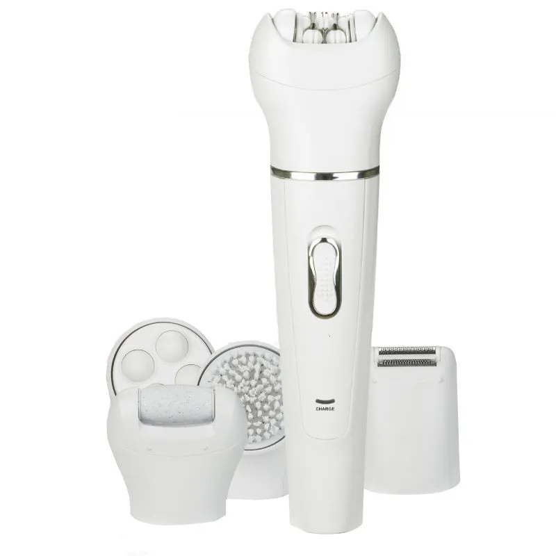 White 5-in-1 electric face and body massager scrubber with 5 interchangeable heads and rechargeable base