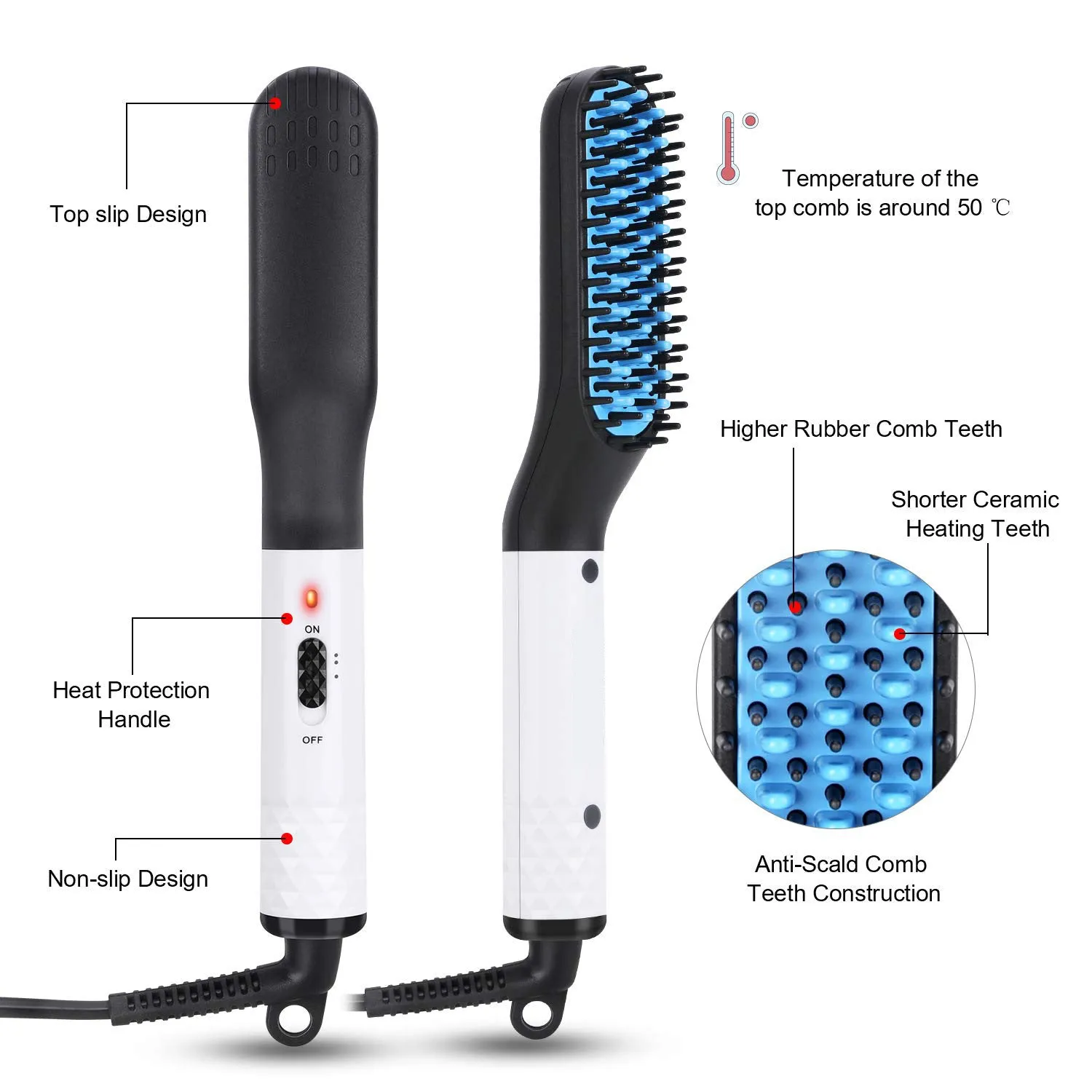 Gold multifunctional hair straightener comb for men with MCH technology and two temperature modes, including ceramic teeth and rubber anti-scald layer