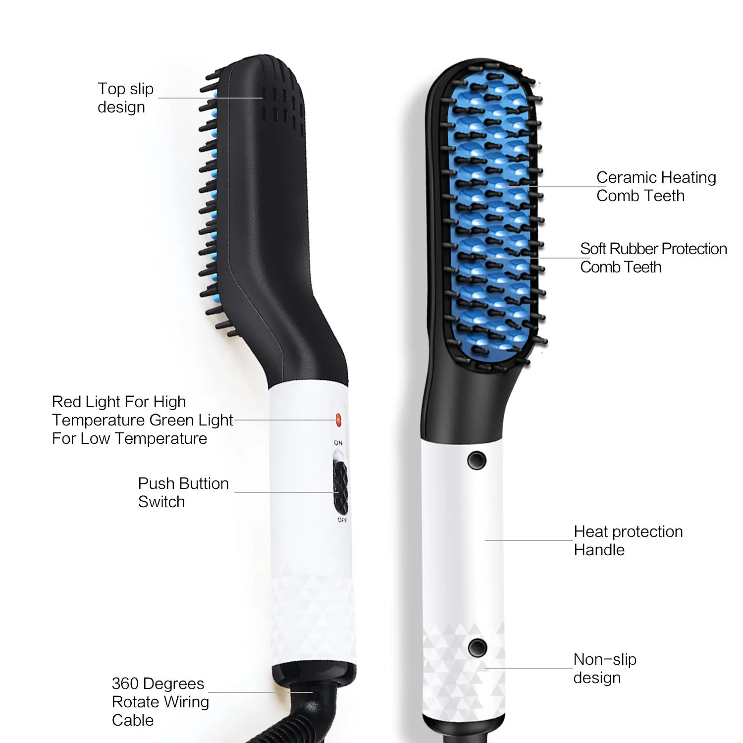 Gold multifunctional hair straightener comb for men with MCH technology and two temperature modes, including ceramic teeth and rubber anti-scald layer