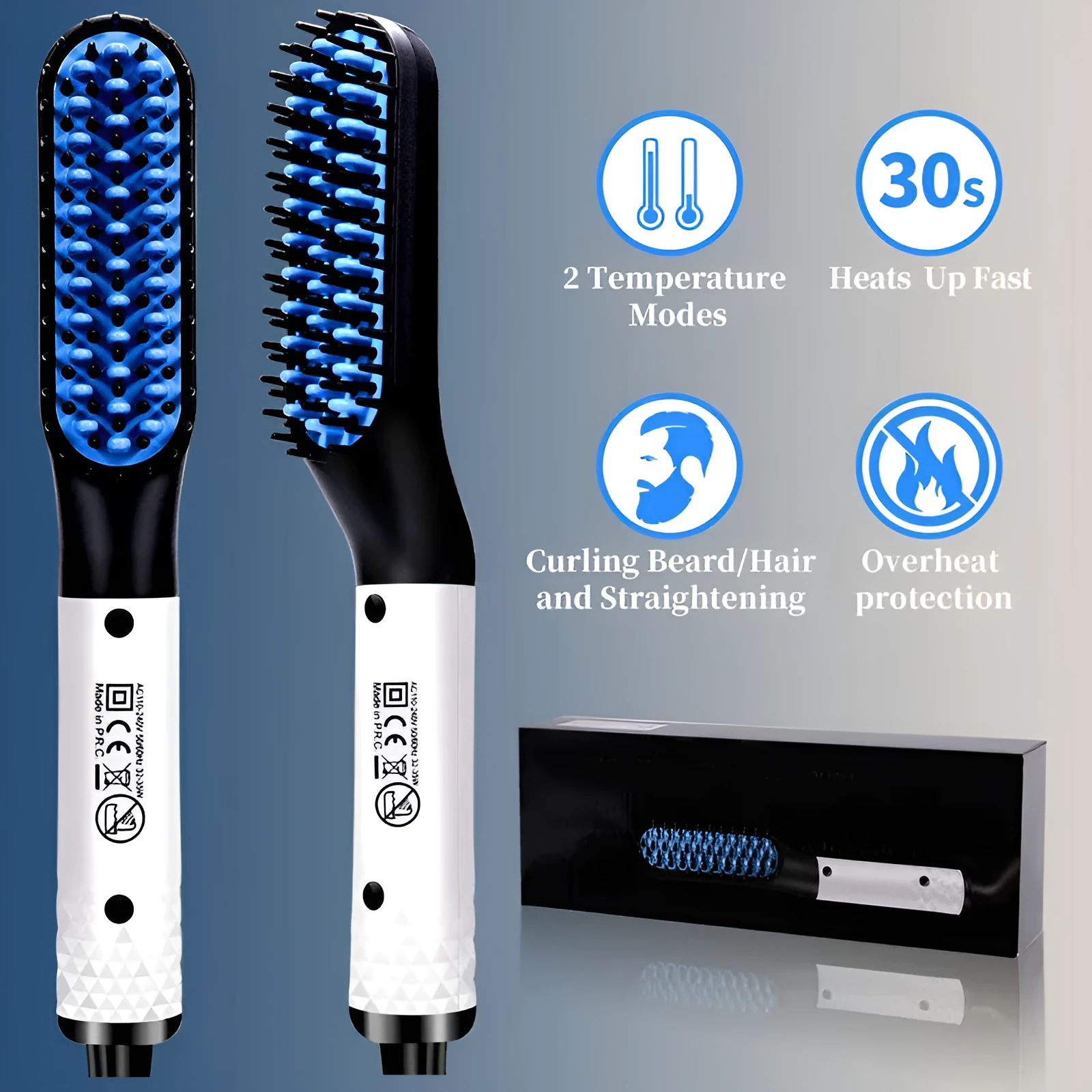 Gold multifunctional hair straightener comb for men with MCH technology and two temperature modes, including ceramic teeth and rubber anti-scald layer