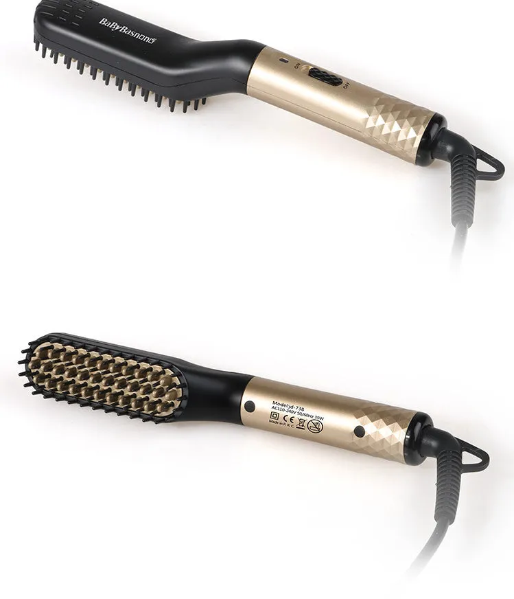 Gold multifunctional hair straightener comb for men with MCH technology and two temperature modes, including ceramic teeth and rubber anti-scald layer