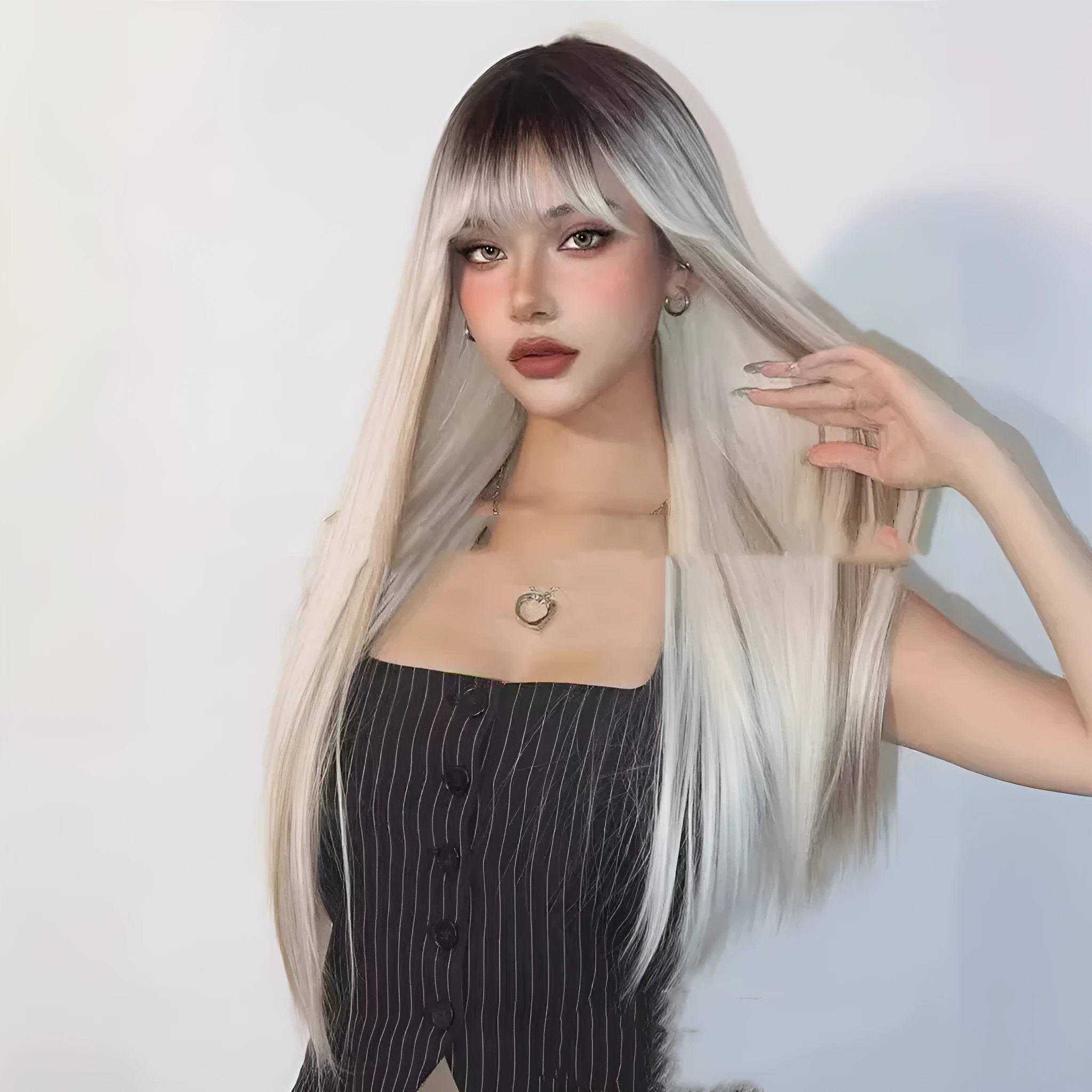 Head dyed long straight hair high-temperature fiber wig in colour LC1073-1 with Qi bangs