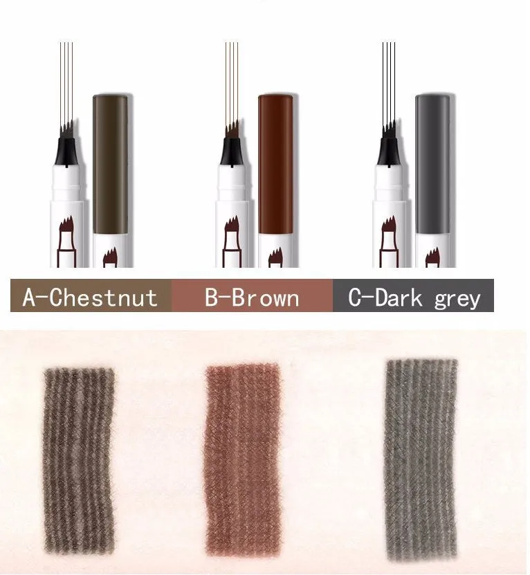 Music Flower waterproof natural eyebrow pen with four-claw fork tip, available in Chestnut, Brown, and Dark Grey