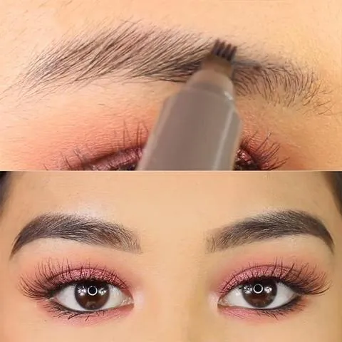 Music Flower waterproof natural eyebrow pen with four-claw fork tip, available in Chestnut, Brown, and Dark Grey