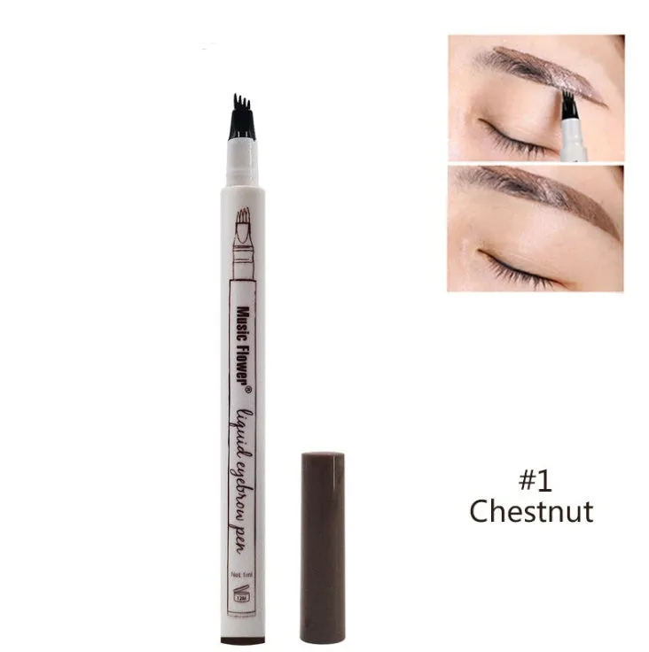 Music Flower waterproof natural eyebrow pen with four-claw fork tip, available in Chestnut, Brown, and Dark Grey