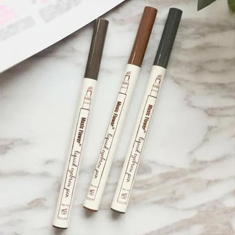 Music Flower waterproof natural eyebrow pen with four-claw fork tip, available in Chestnut, Brown, and Dark Grey