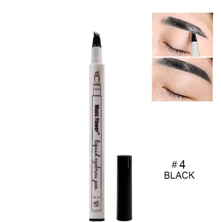 Music Flower waterproof natural eyebrow pen with four-claw fork tip, available in Chestnut, Brown, and Dark Grey