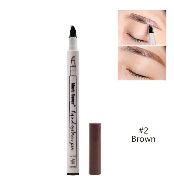 Music Flower waterproof natural eyebrow pen with four-claw fork tip, available in Chestnut, Brown, and Dark Grey