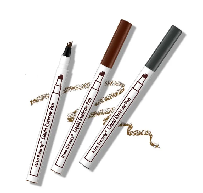 Music Flower waterproof natural eyebrow pen with four-claw fork tip, available in Chestnut, Brown, and Dark Grey