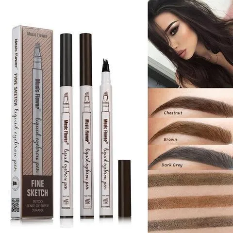 Music Flower waterproof natural eyebrow pen with four-claw fork tip, available in Chestnut, Brown, and Dark Grey